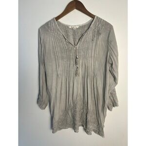 Solitaire LG Grey Embroidered Rayon Peasant Blouse Tassel Tie Top Romantic Y2K